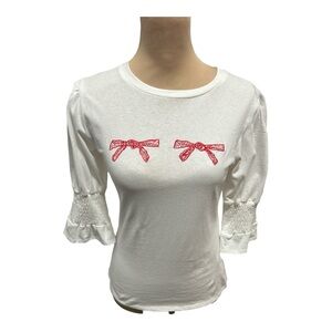Storia White Tee Shirt With Puffed Ruched Sleeves & Red Bow Details Size Small.
